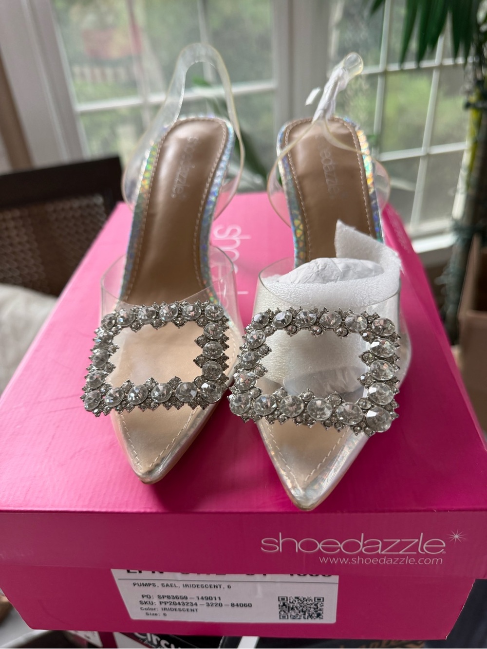 Shoe Dazzle Clear Slingback Heels with Crystal Buckle - Cinderella Shoe